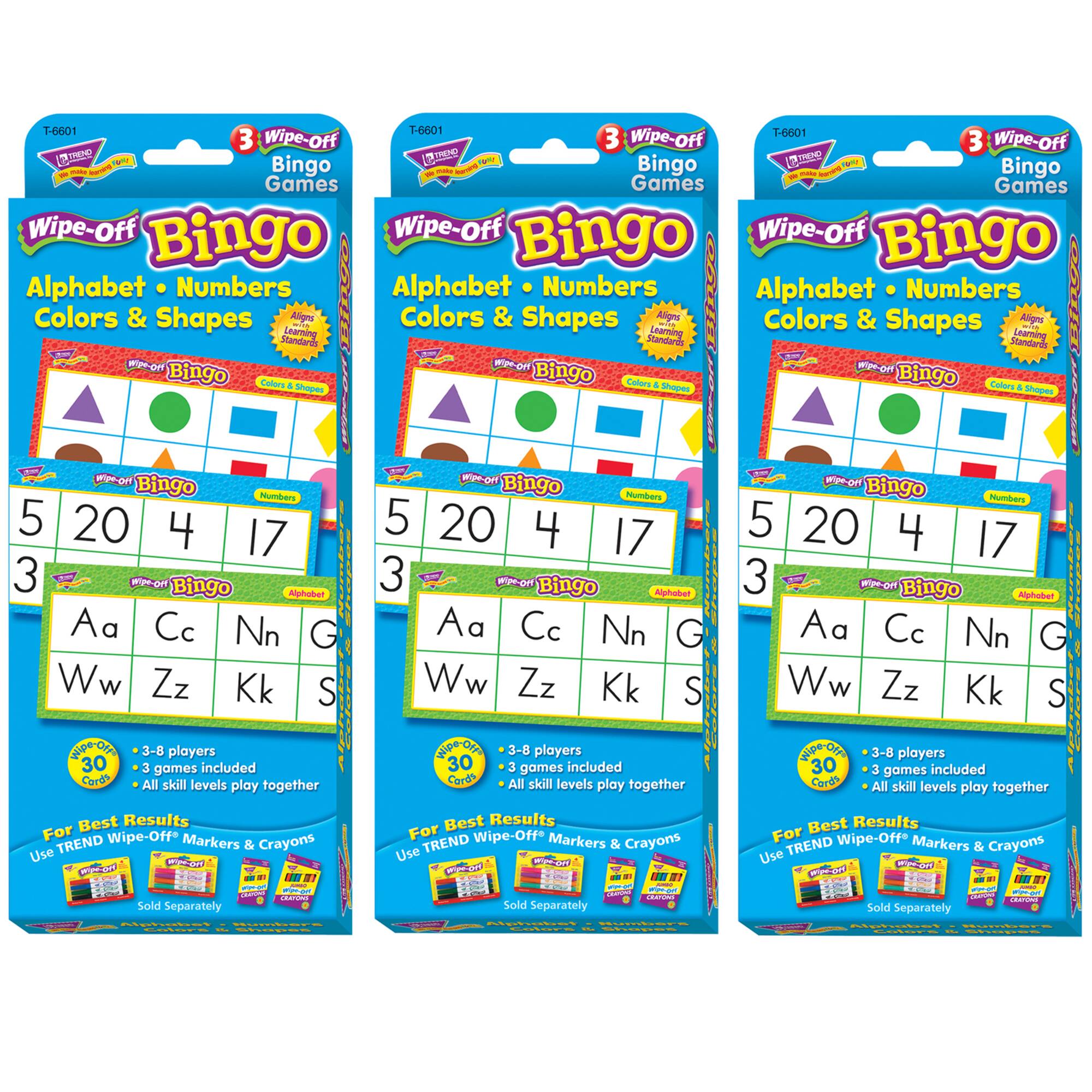 TREND Alphabets, Number, Shapes and Colors Wipe-Off Bingo Cards, 3 Pack of 24